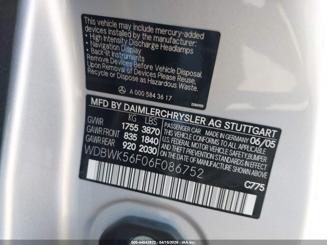 44842922 :رقم المزاد ، WDBWK56F06F086752 vin ، 2006 Mercedes-benz Slk 350 مزاد بيع
