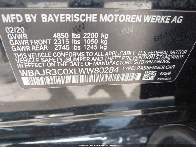 Aukcja sprzedaży 2020 Bmw 530i, vin: WBAJR3C0XLWW80284, numer aukcji: 44842924