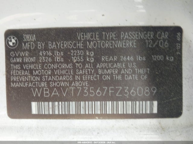 Aukcja sprzedaży 2007 Bmw 328xi, vin: WBAVT73567FZ36089, numer aukcji: 44842932