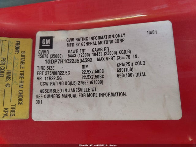 Aukcja sprzedaży 2002 Gmc C-series C7h042, vin: 1GDP7H1C22J504592, numer aukcji: 44842933