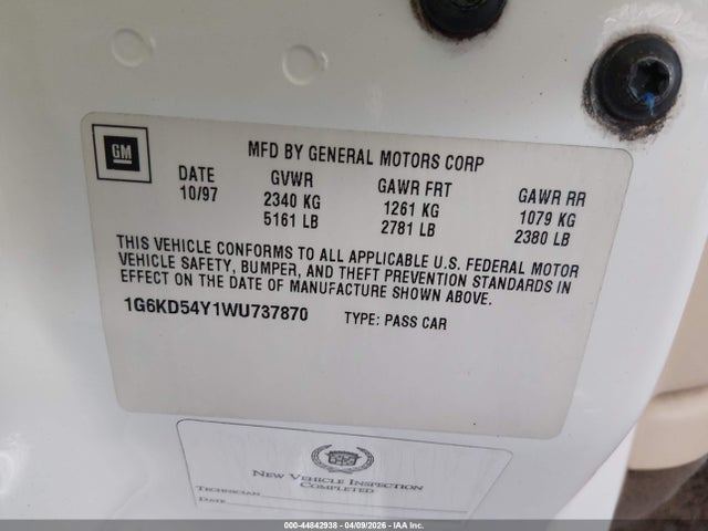 Продажа на аукционе авто 1998 Cadillac Deville Standard, vin: 1G6KD54Y1WU737870, номер лота: 44842938