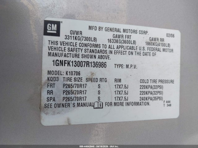Продажа на аукционе авто 2007 Chevrolet Tahoe Lt, vin: 1GNFK13007R136986, номер лота: 44842948