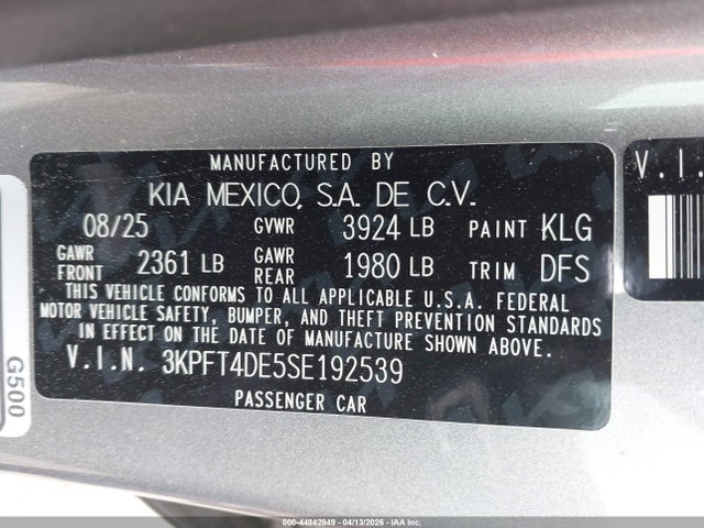Aukcja sprzedaży 2025 Kia K4 Lxs, vin: 3KPFT4DE5SE192539, numer aukcji: 44842949