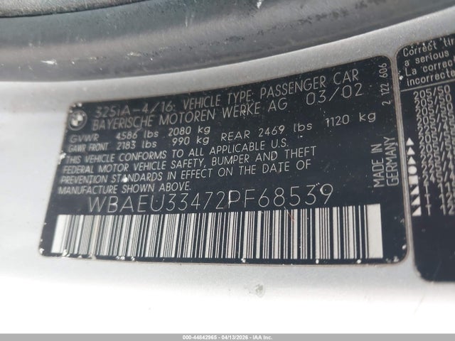 2002 Bmw 325xi მანქანა იყიდება აუქციონზე, vin: WBAEU33472PF68539, აუქციონის ნომერი: 44842965