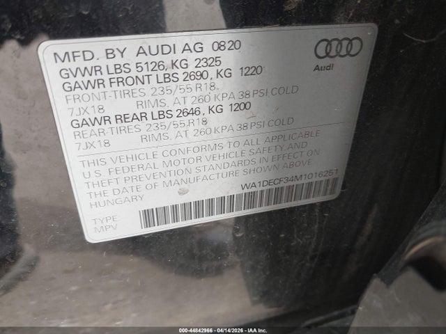 44842966 :رقم المزاد ، WA1DECF34M1016251 vin ، 2021 Audi Q3 Premium 45 Tfsi S Line Quattro Tiptronic مزاد بيع