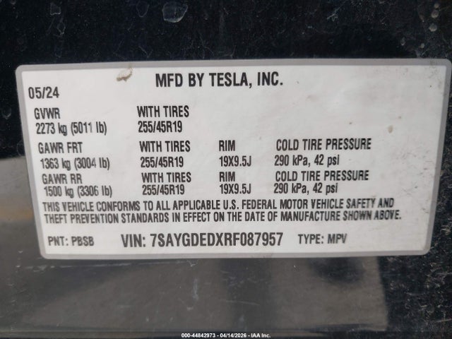 2024 Tesla Model Y Long Range Single Motor Rear-wheel Drive/rwd მანქანა იყიდება აუქციონზე, vin: 7SAYGDEDXRF087957, აუქციონის ნომერი: 44842973