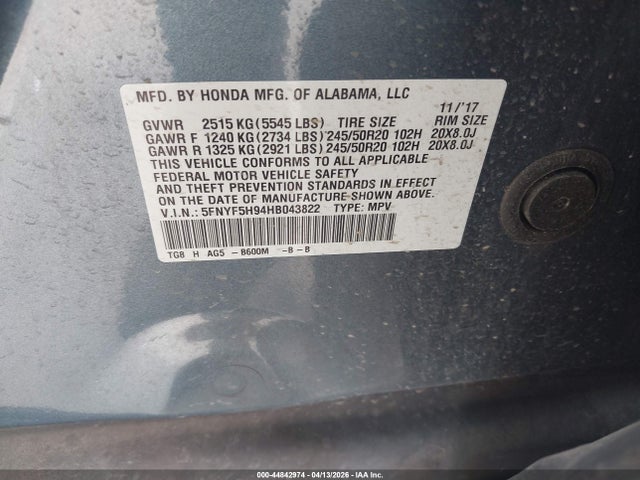 5FNYF5H94HB043822 Honda Pilot Touring