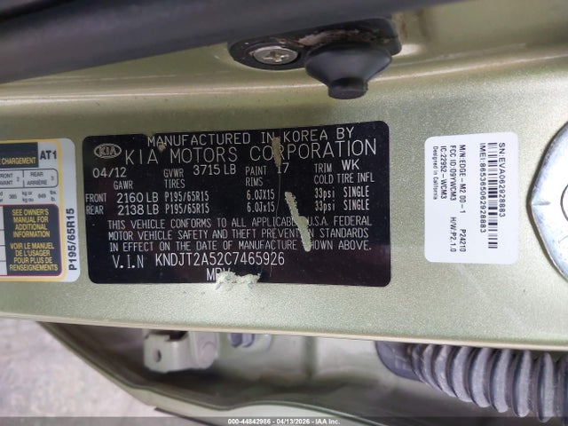 44842986 :رقم المزاد ، KNDJT2A52C7465926 vin ، 2012 Kia Soul مزاد بيع