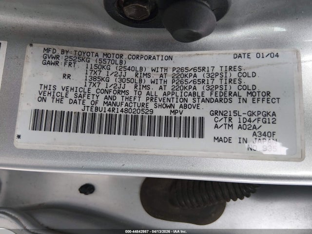 2004 TOYOTA 4RUNNER JTEBU14R148020529 Photo 8
