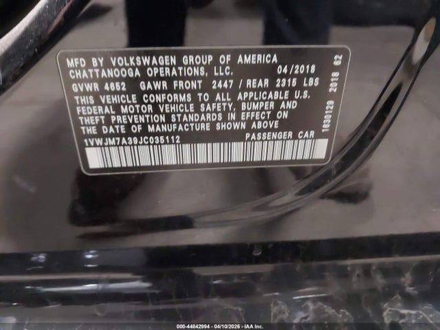 Aukcja sprzedaży 2018 Volkswagen Passat 3.6l V6 Gt, vin: 1VWJM7A39JC035112, numer aukcji: 44842994