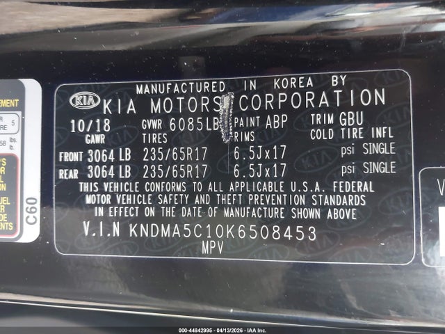 Aukcja sprzedaży 2019 Kia Sedona L, vin: KNDMA5C10K6508453, numer aukcji: 44842995