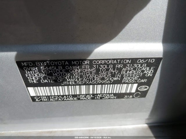 44842996 :رقم المزاد ، JTHBL5EFXA5099567 vin ، 2010 Lexus Ls 460 مزاد بيع
