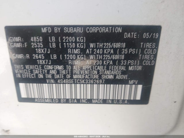 Продаж на аукціоні авто 2019 Subaru Outback 3.6r Touring, vin: 4S4BSETC5K3362697, номер лоту: 44843003