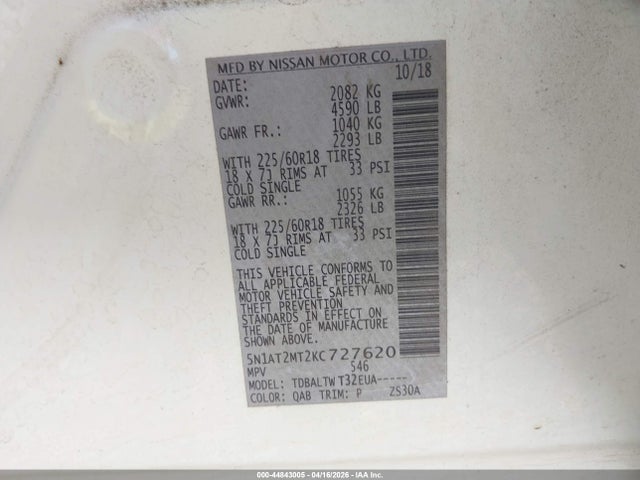 Aukcja sprzedaży 2019 Nissan Rogue Sv, vin: 5N1AT2MT2KC727620, numer aukcji: 44843005