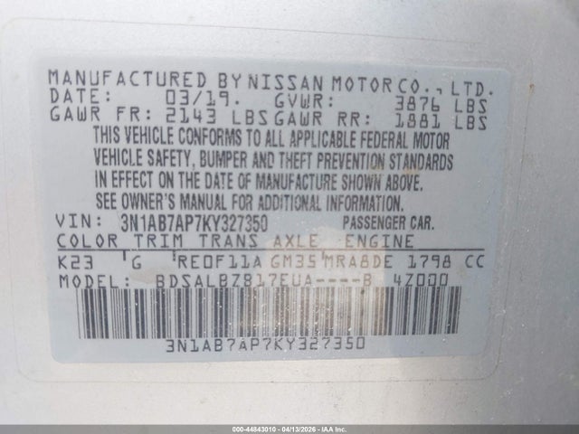 44843010 :رقم المزاد ، 3N1AB7AP7KY327350 vin ، 2019 Nissan Sentra S مزاد بيع