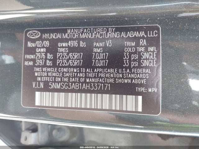 Aukcja sprzedaży 2010 Hyundai Santa Fe Gls, vin: 5NMSG3AB1AH337171, numer aukcji: 44843016