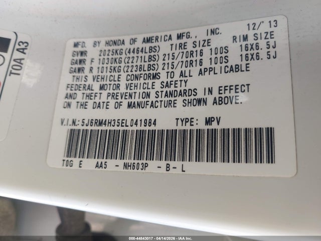 44843017 :رقم المزاد ، 5J6RM4H35EL041984 vin ، 2014 Honda Cr-v Lx مزاد بيع