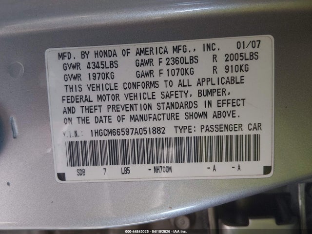 Aukcja sprzedaży 2007 Honda Accord 3.0 Ex, vin: 1HGCM66597A051882, numer aukcji: 44843025