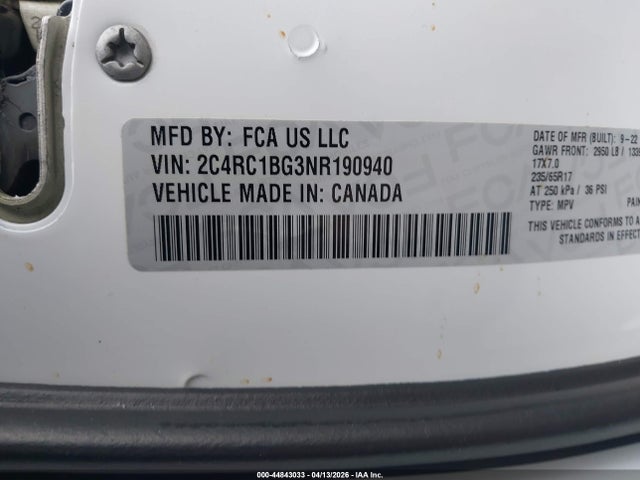 Aukcja sprzedaży 2022 Chrysler Pacifica Touring L, vin: 2C4RC1BG3NR190940, numer aukcji: 44843033