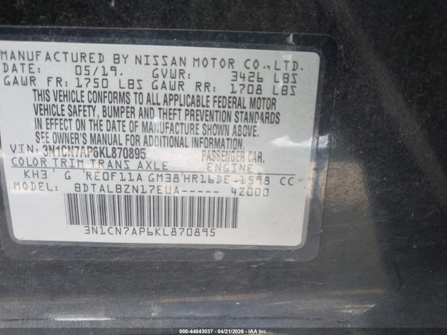 44843037 :رقم المزاد ، 3N1CN7AP6KL870895 vin ، 2019 Nissan Versa 1.6 Sv مزاد بيع