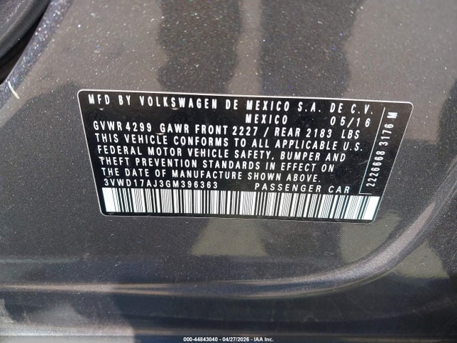 2016 Volkswagen Jetta 1.8t Sport მანქანა იყიდება აუქციონზე, vin: 3VWD17AJ3GM396363, აუქციონის ნომერი: 44843040
