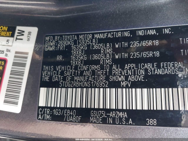 44843054 :رقم المزاد ، 5TDGZRBH0NS176952 vin ، 2022 Toyota Highlander Xle مزاد بيع