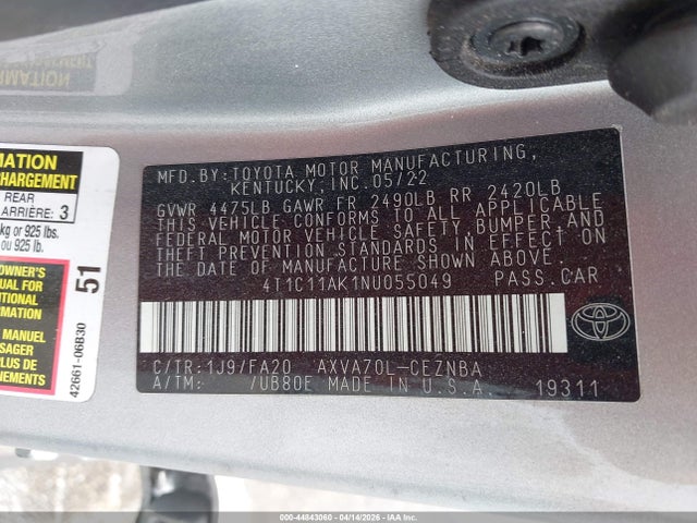 2022 Toyota Camry Le მანქანა იყიდება აუქციონზე, vin: 4T1C11AK1NU055049, აუქციონის ნომერი: 44843060