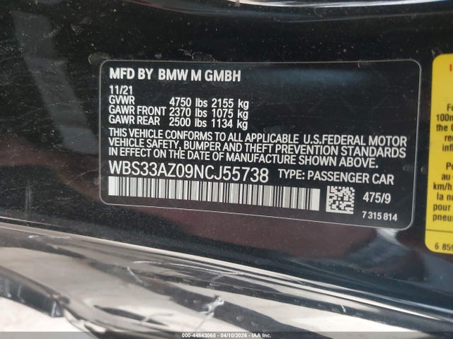 Продажа на аукционе авто 2022 Bmw M4 Competition, vin: WBS33AZ09NCJ55738, номер лота: 44843068