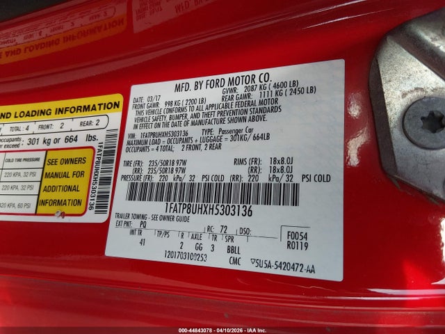 Продаж на аукціоні авто 2017 Ford Mustang Ecoboost Premium, vin: 1FATP8UHXH5303136, номер лоту: 44843078