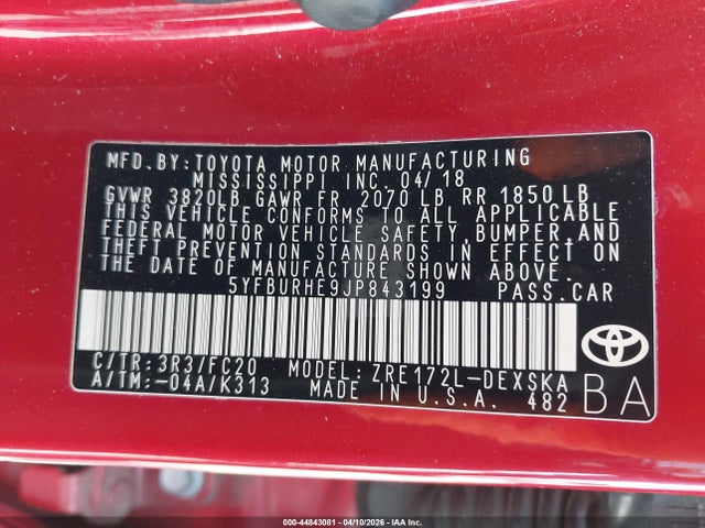 5YFBURHE9JP843199 Toyota COROLLA SE