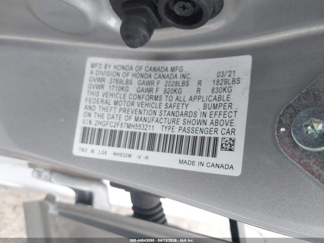 Aukcja sprzedaży 2021 Honda Civic Sport, vin: 2HGFC2F87MH553211, numer aukcji: 44843090