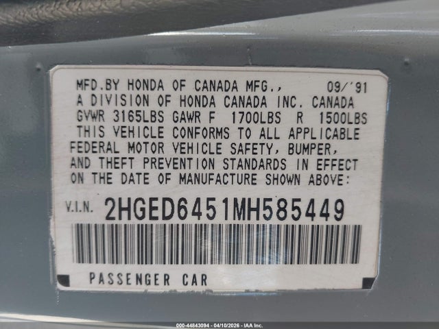 44843094 :رقم المزاد ، 2HGED6451MH585449 vin ، 1991 Honda Civic Dx مزاد بيع