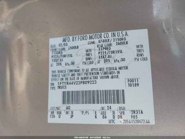Продажа на аукционе авто 2003 Ford Ranger Super Cab, vin: 1FTYR44V23PB09223, номер лота: 44843109