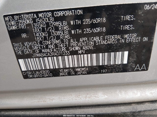 Aukcja sprzedaży 2024 Toyota Bz4x Xle, vin: JTMABACA2RA071233, numer aukcji: 44843133