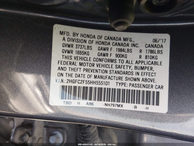 44843143 :رقم المزاد ، 2HGFC2F55HH555101 vin ، 2017 Honda Civic Lx مزاد بيع