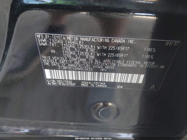 2017 Toyota Rav4 Le მანქანა იყიდება აუქციონზე, vin: 2T3BFREV2HW602633, აუქციონის ნომერი: 44843148