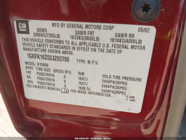 44843150 :رقم المزاد ، 1GKFK16Z02J293786 vin ، 2002 Gmc Yukon Xl 1500 Slt مزاد بيع