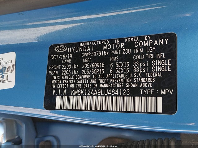 44843151 :رقم المزاد ، KM8K12AA9LU484123 vin ، 2020 Hyundai Kona Se مزاد بيع