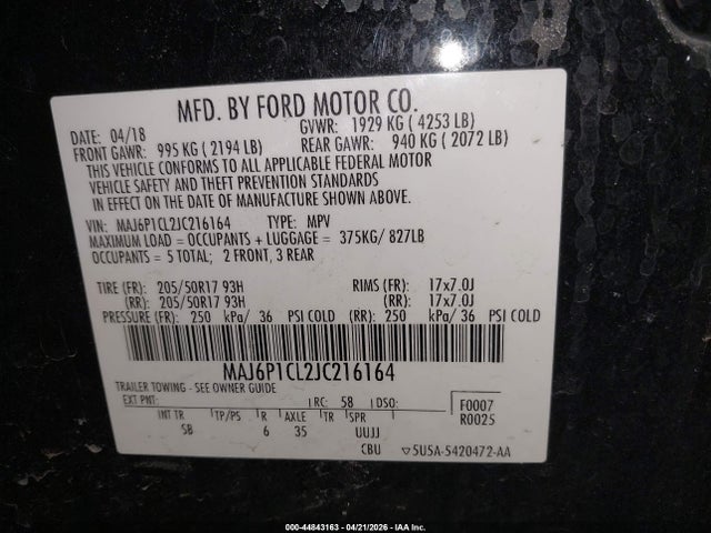 Aukcja sprzedaży 2018 Ford Ecosport Ses, vin: MAJ6P1CL2JC216164, numer aukcji: 44843163