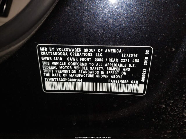 44843168 :رقم المزاد ، 1VWBT7A3XHC039154 vin ، 2017 Volkswagen Passat 1.8t Se مزاد بيع
