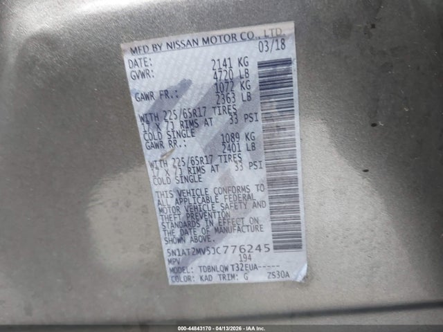 2018 Nissan Rogue Sv მანქანა იყიდება აუქციონზე, vin: 5N1AT2MV5JC776245, აუქციონის ნომერი: 44843170