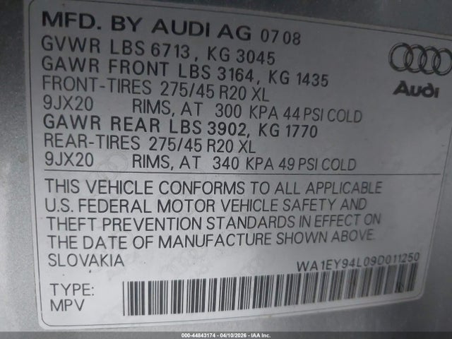 2009 Audi Q7 3.6 Premium მანქანა იყიდება აუქციონზე, vin: WA1EY94L09D011250, აუქციონის ნომერი: 44843174
