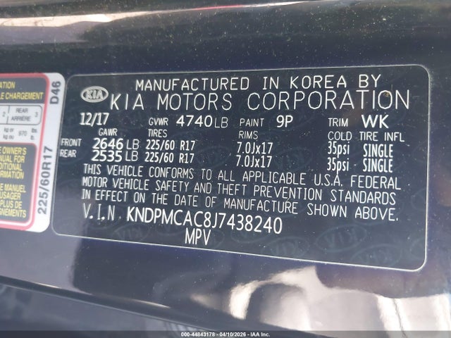 Aukcja sprzedaży 2018 Kia Sportage Lx, vin: KNDPMCAC8J7438240, numer aukcji: 44843178