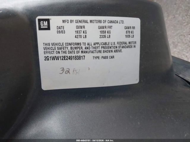 2004 Chevrolet Monte Carlo Ls მანქანა იყიდება აუქციონზე, vin: 2G1WW12E249183817, აუქციონის ნომერი: 44843181