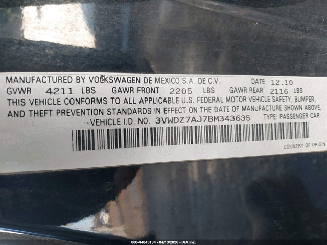 44843184 :رقم المزاد ، 3VWDZ7AJ7BM343635 vin ، 2011 Volkswagen Jetta 2.5l Se مزاد بيع