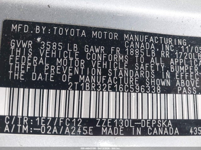Продаж на аукціоні авто 2006 Toyota Corolla S, vin: 2T1BR32E16C596338, номер лоту: 44843199