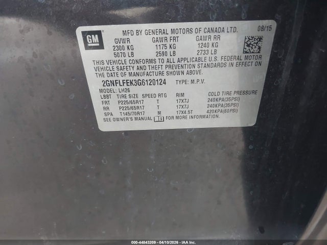 44843209 :رقم المزاد ، 2GNFLFEK3G6120124 vin ، 2016 Chevrolet Equinox Lt مزاد بيع