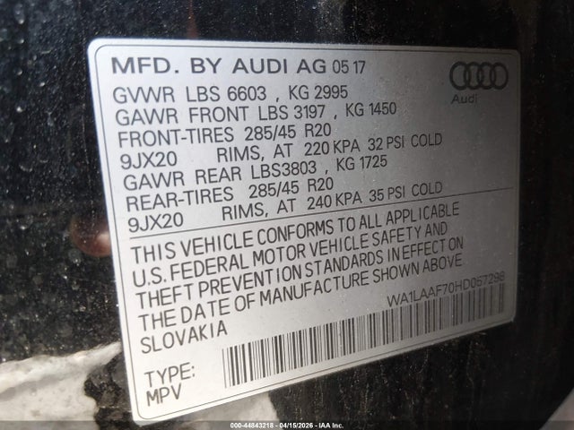 Продажа на аукционе авто 2017 Audi Q7 3.0t Premium, vin: WA1LAAF70HD057298, номер лота: 44843218