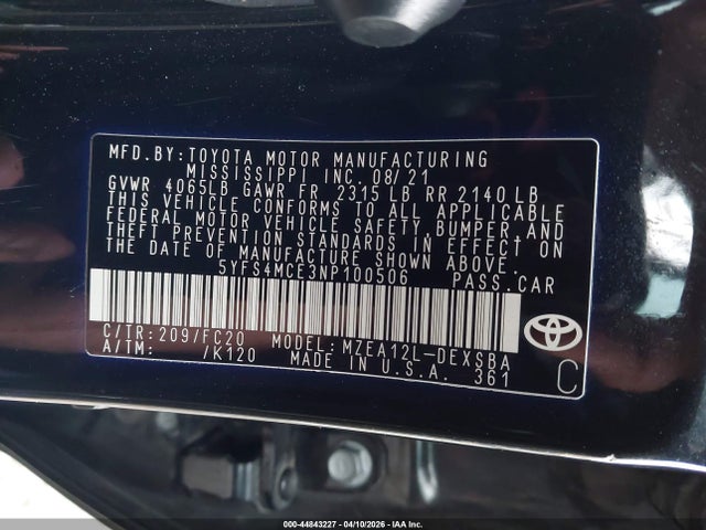 44843227 :رقم المزاد ، 5YFS4MCE3NP100506 vin ، 2022 Toyota Corolla Se Nightshade Edition مزاد بيع