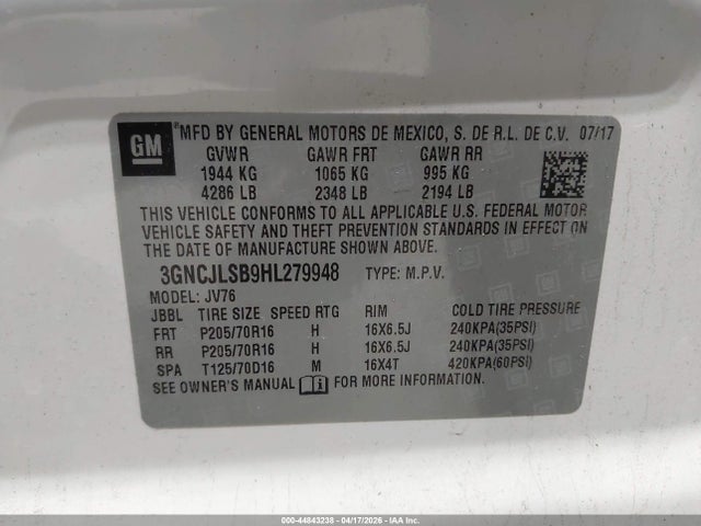 44843238 :رقم المزاد ، 3GNCJLSB9HL279948 vin ، 2017 Chevrolet Trax Lt مزاد بيع